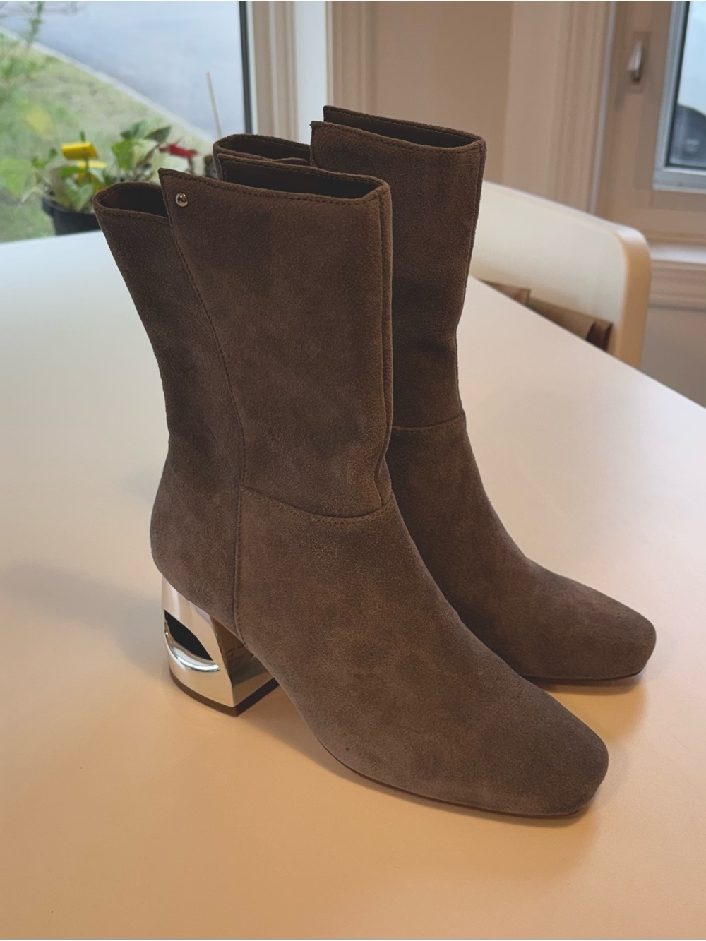 Halston Heritage Grey Suede Mid-calf Boots with Silver Metallic Heel